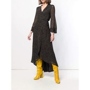 Ganni Mullin Wrap Dress Asymmetric Printed Georgette Black Maxi Midi Small NWT